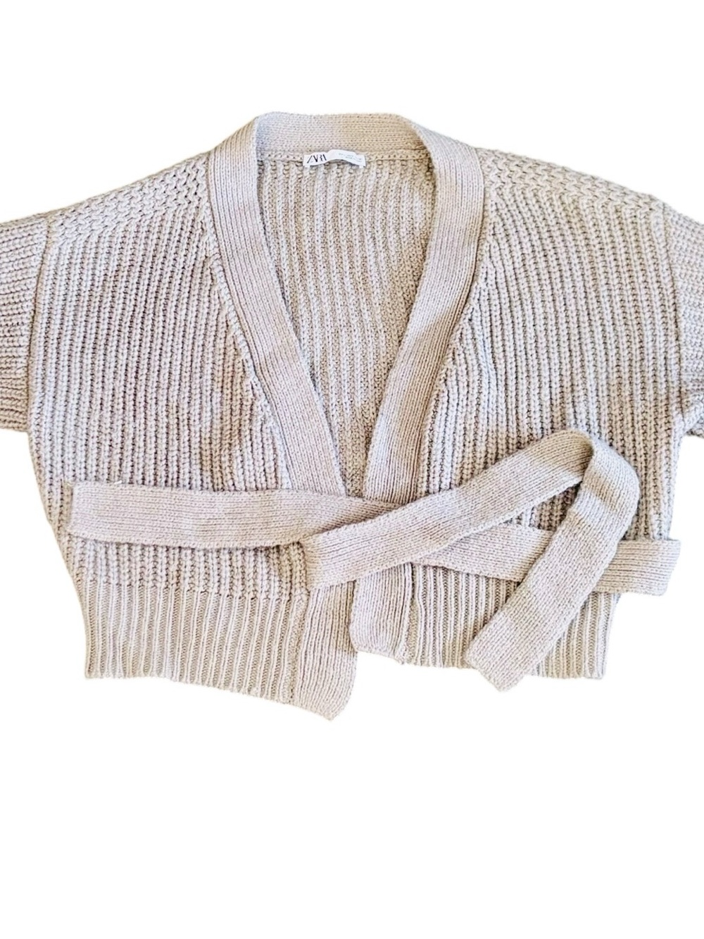 Zara Sz L Grey Green Cropped Tie-Belt Ribbed Knit Cardigan